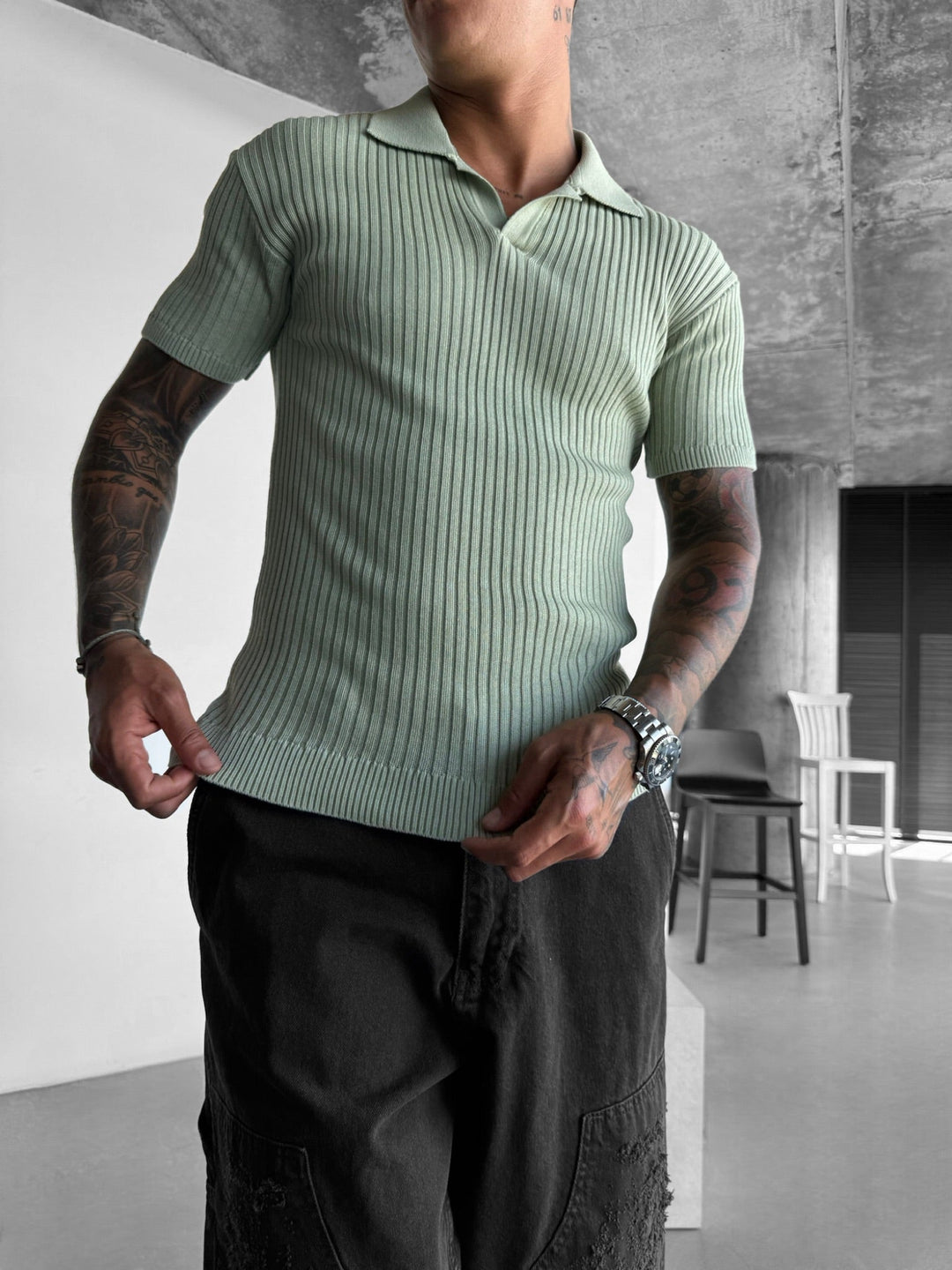 Slim Fit Knit Polo T-Shirt - Miętowy