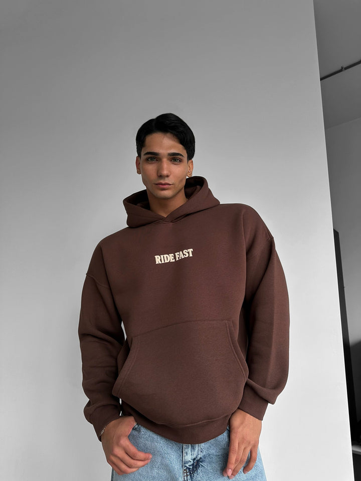 Oversize Ride Fast Hoodie - Brązowy