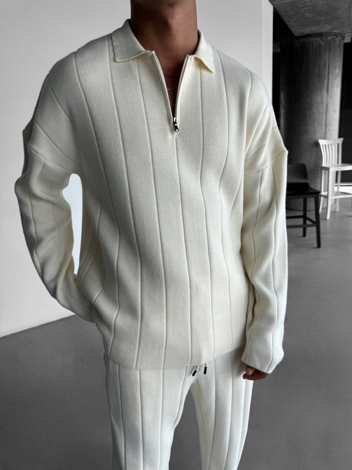 Oversize Lines Knit Zipper Polo Sweatshirt - Kremowy