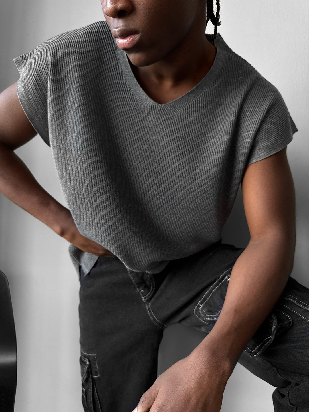 Oversize rolowany krawędź dzianinowy top - Antracyt