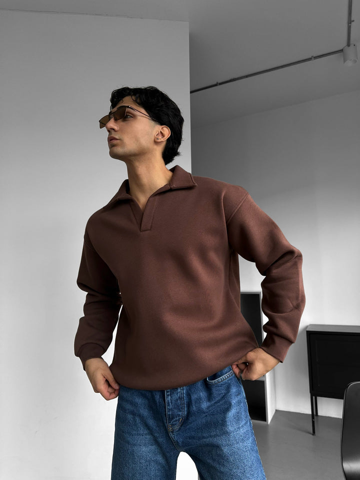 Oversize Podstawowa Bluza Polo - Czekoladowy Brąz
