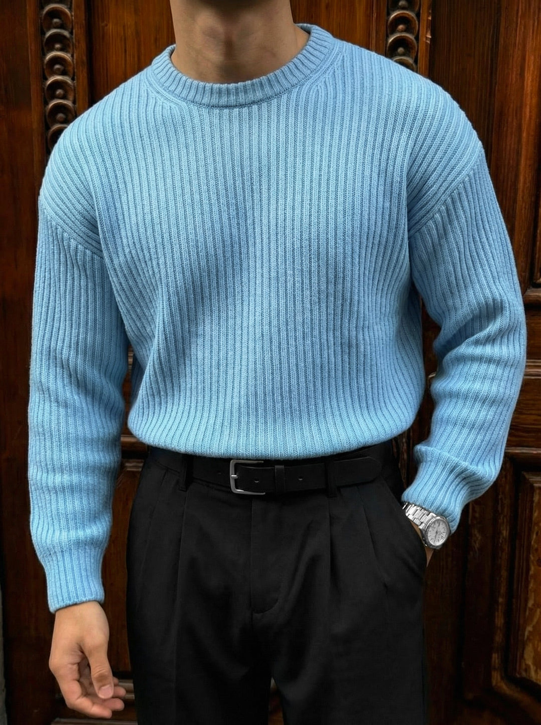 Luźny sweter w paski - Babyblue