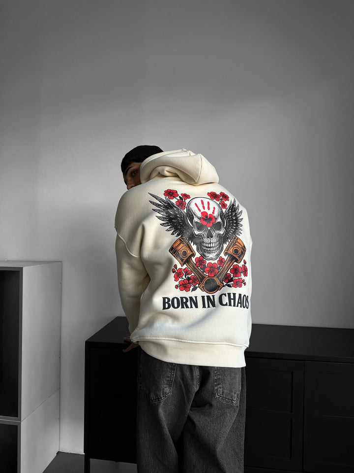 Hoodie Oversize Skeleton Born in Chaos - Antyk Biały