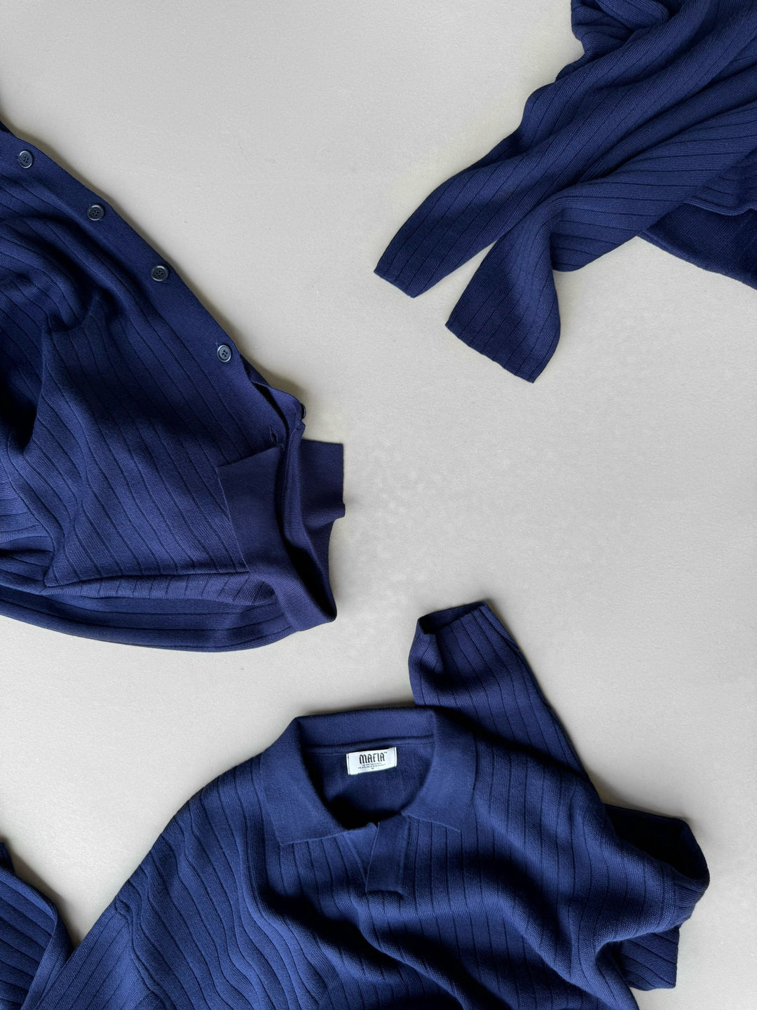 Oversize Szeroki Żebrowany Długi Rękaw Sweter Polo - Granatowy