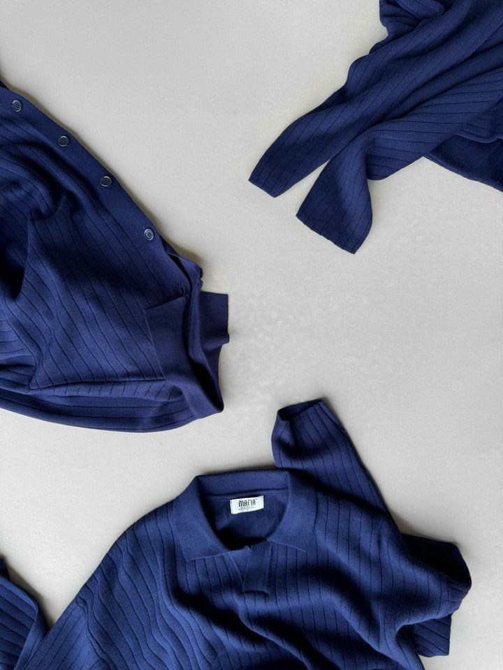 Oversize Szeroki Żebrowany Długi Rękaw Sweter Polo - Granatowy