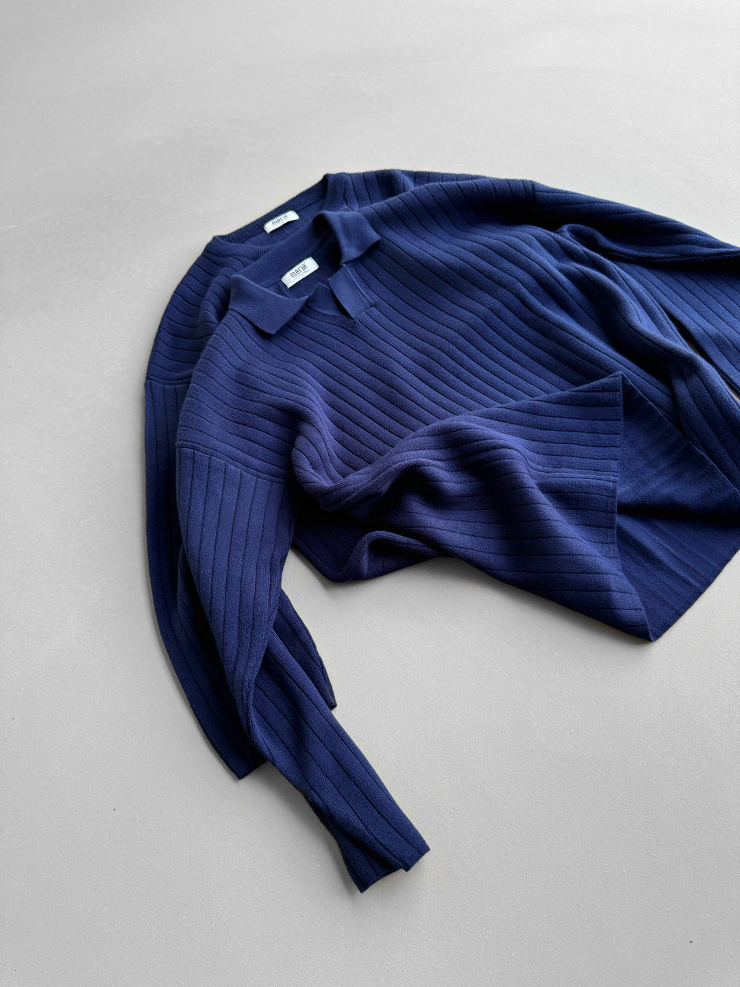 Oversize Szeroki Żebrowany Długi Rękaw Sweter Polo - Granatowy