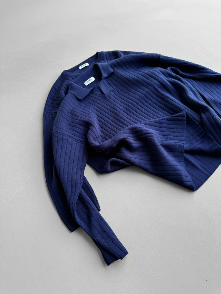 Oversize Szeroki Żebrowany Długi Rękaw Sweter Polo - Granatowy