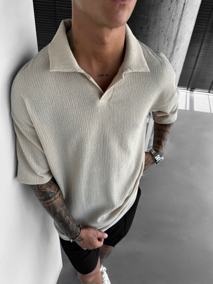 Oversize Crepe Polo T-Shirt - Beżowy