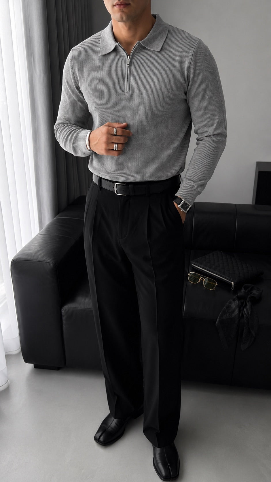 Sweter Polo Loose Fit - Szary