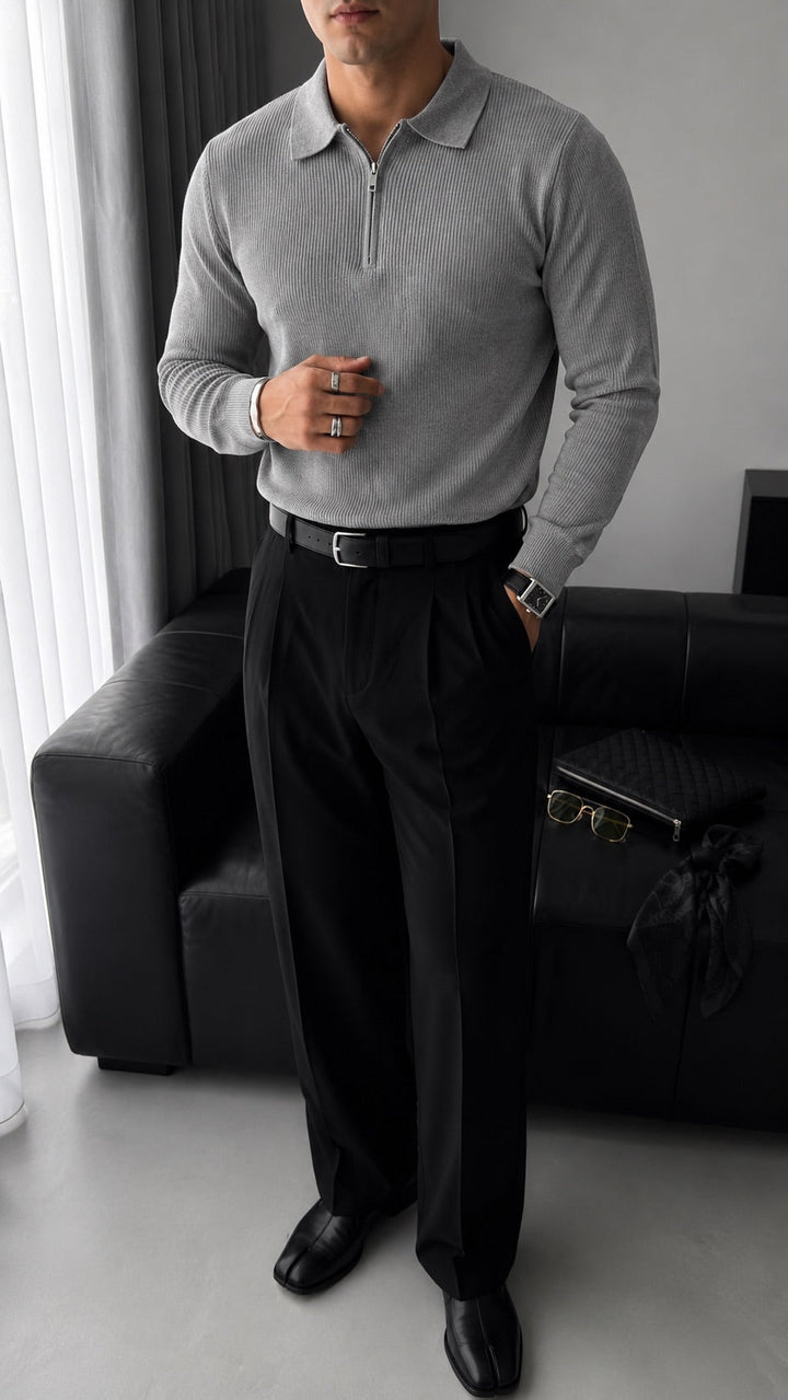 Sweter Polo Loose Fit - Szary