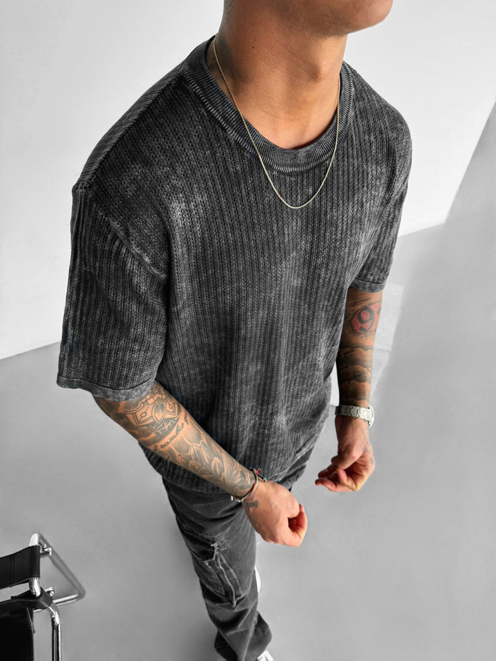 Oversize Knit Washed T-shirt - Czarny