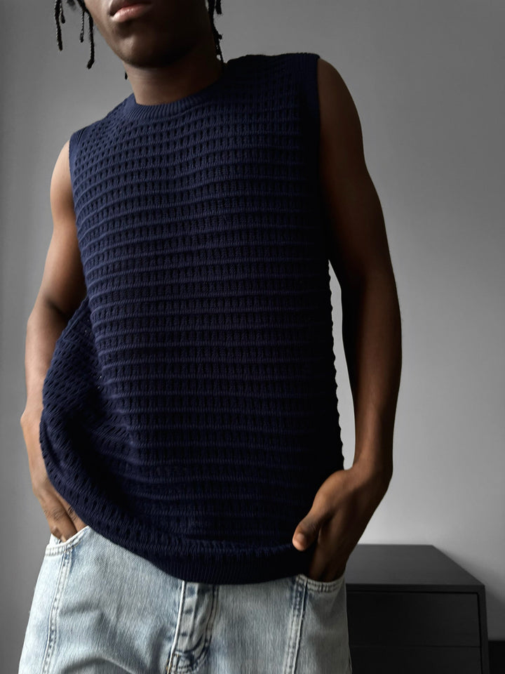 Oversize Grid Tanktop - Ciemnoniebieski