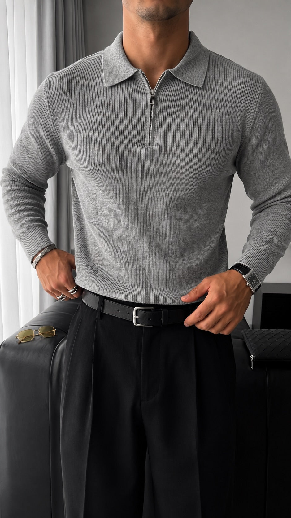 Sweter Polo Loose Fit - Szary