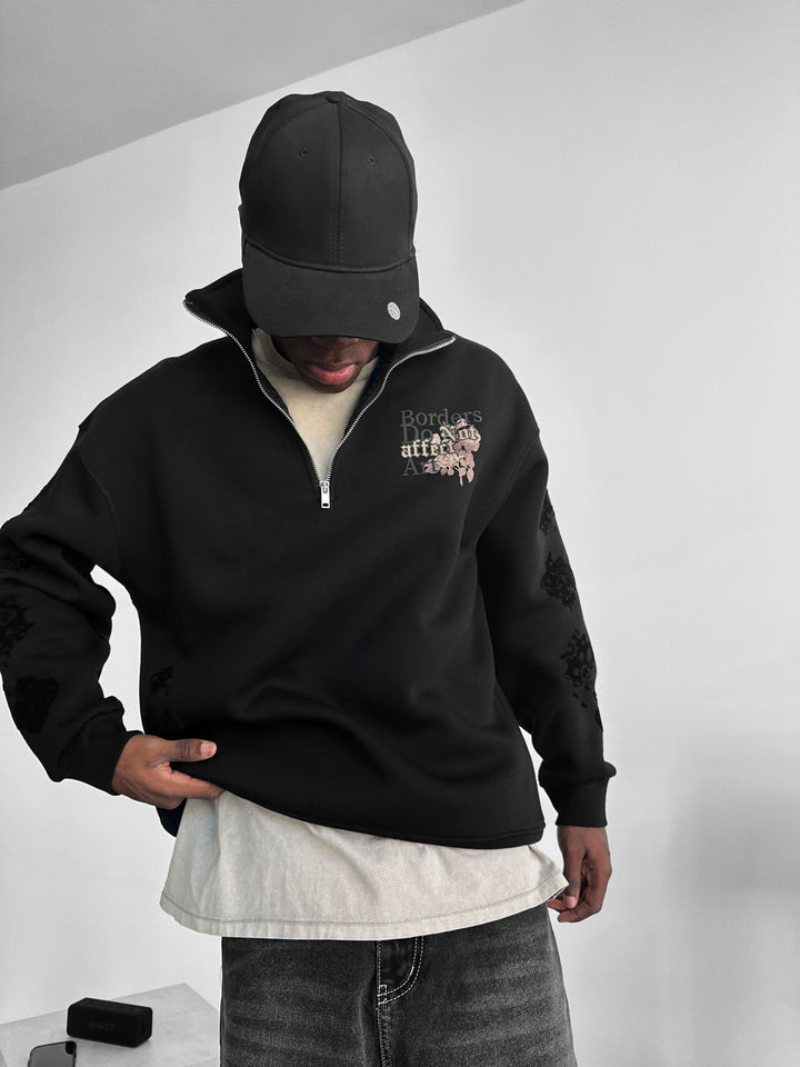 Oversize Half-Zip Graphic Sweatshirt - Czarny