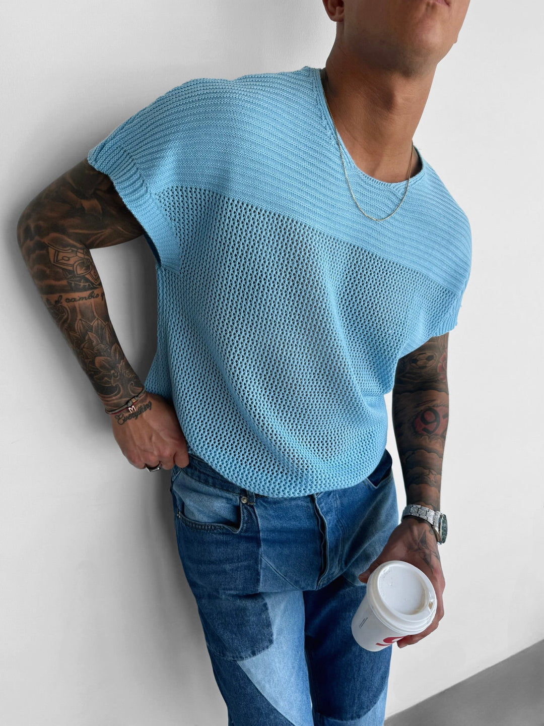 T-shirt Oversize z Teksturowanej Dzianiny - Babyblue