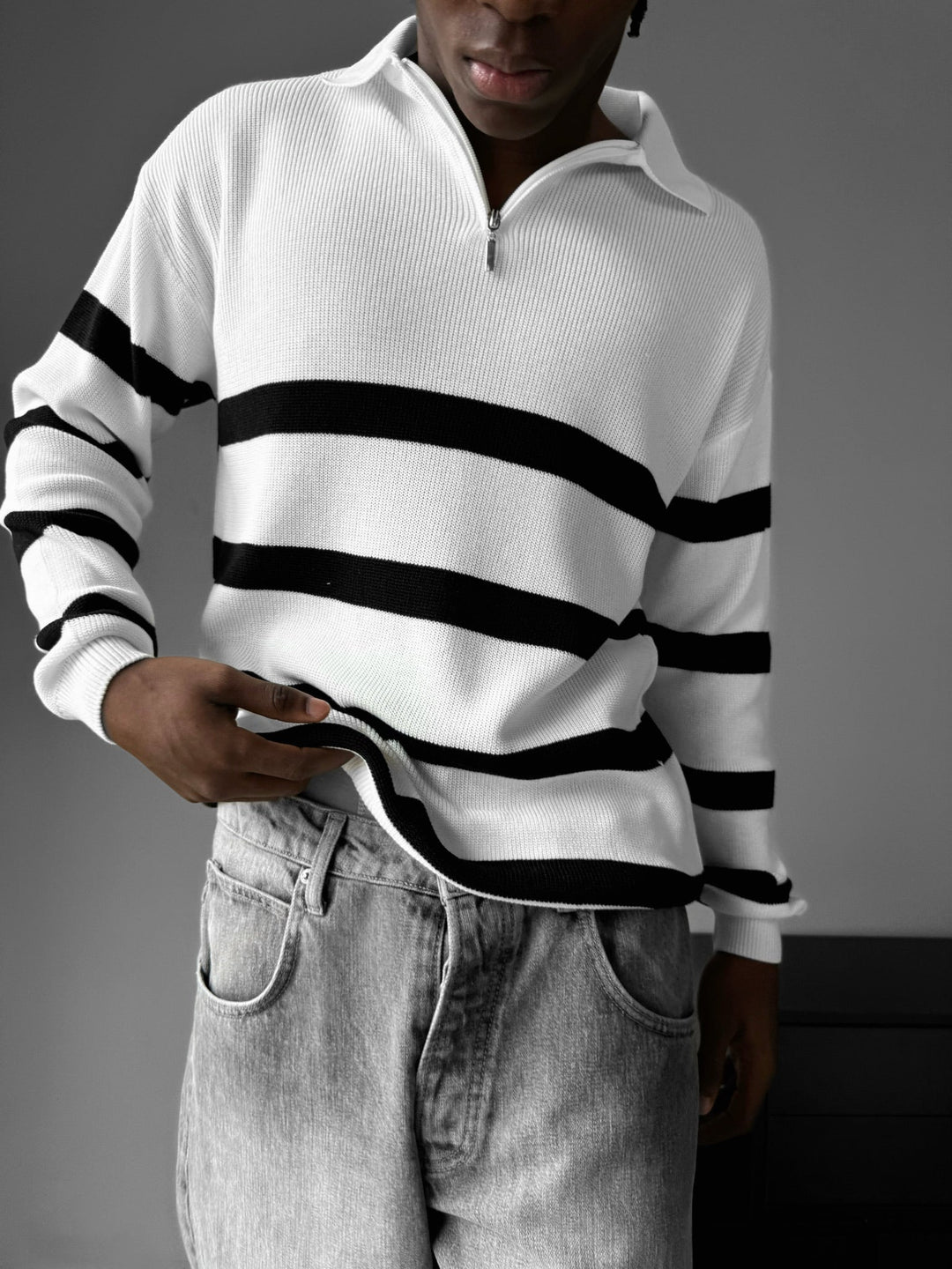 Oversize Sweter Polo z Dzianiny - Ecru