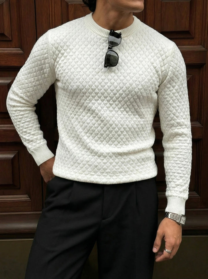 Sweter Slim Fit z Teksturowanym Wzorem - Ecru