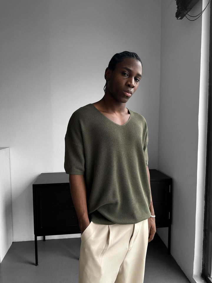 Oversize Długi T-Shirt Dzianinowy - Khaki