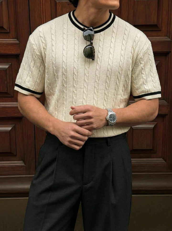 Regular Fit Braid Knit T-shirt - Kremowy