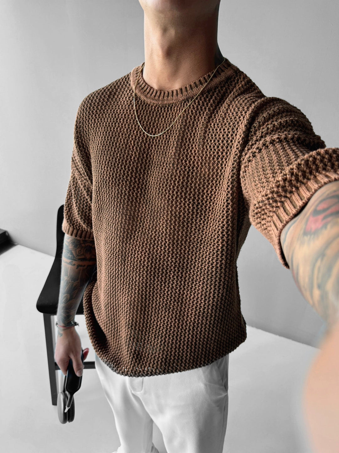 T-shirt Regular Fit z dzianiny w kratkę - Okrągły