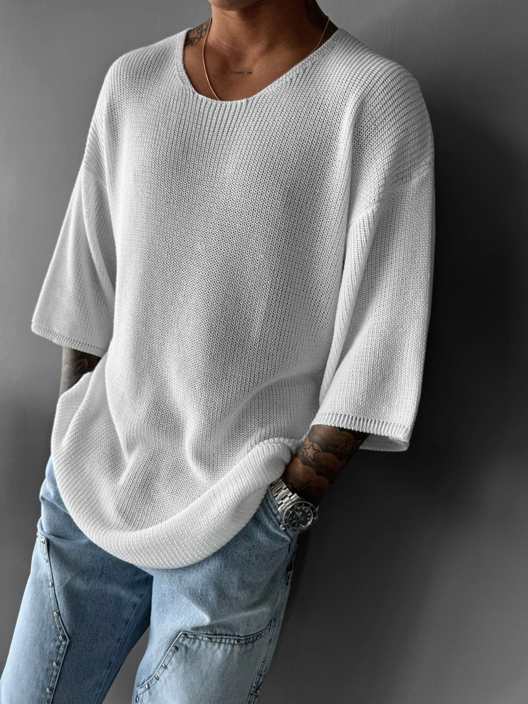 Oversize Długi T-Shirt Dzianinowy - Biały