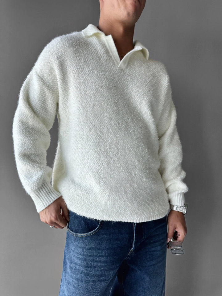 Sweter z dzianinowym kołnierzem - Ecru