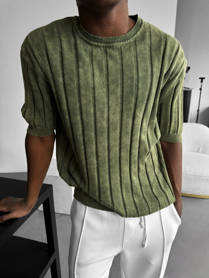 T-shirt Slim Fit z Przeszyciami - Khaki