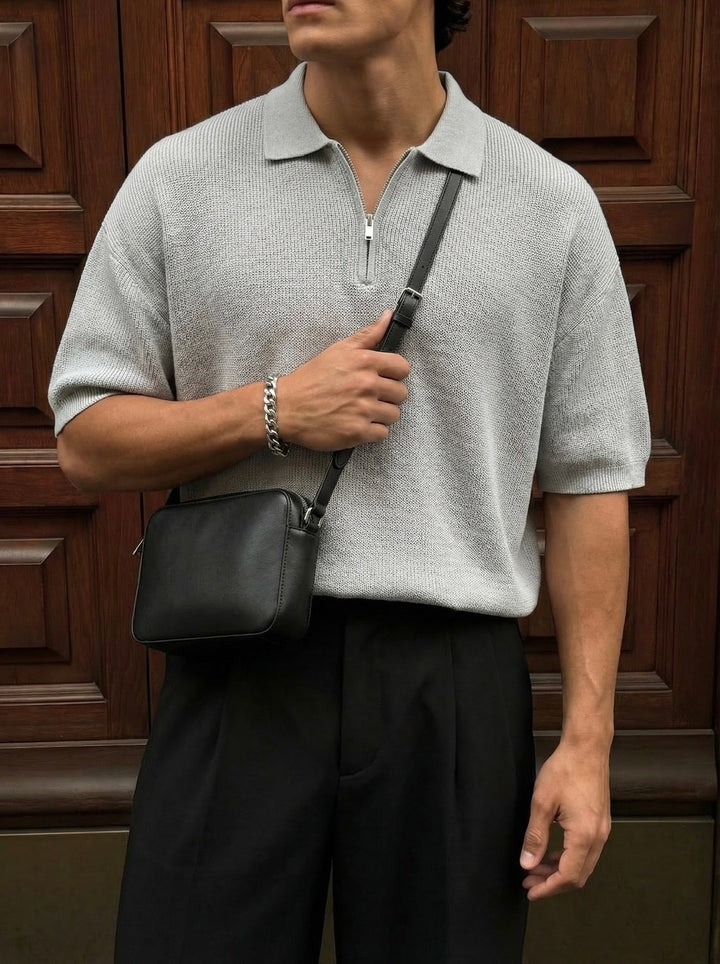 Oversize Zipper Knit Polo T-shirt - Szary
