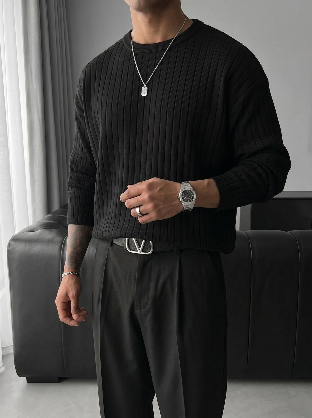 Oversize Szeroki Rękaw Dzianinowy Sweter - Czarny