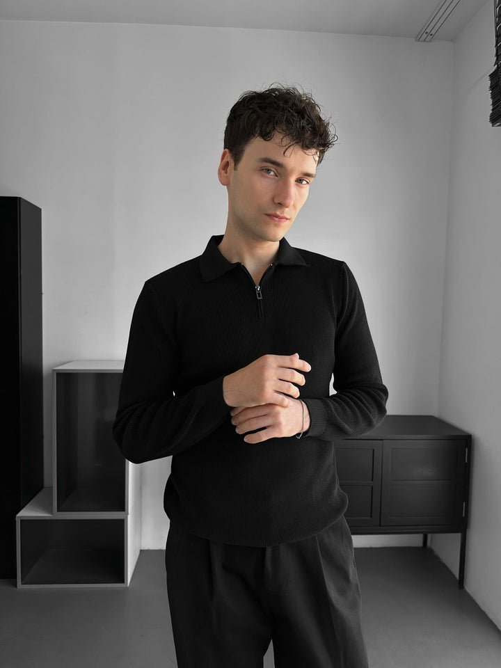 Luźny Sweter Polo - Czarny