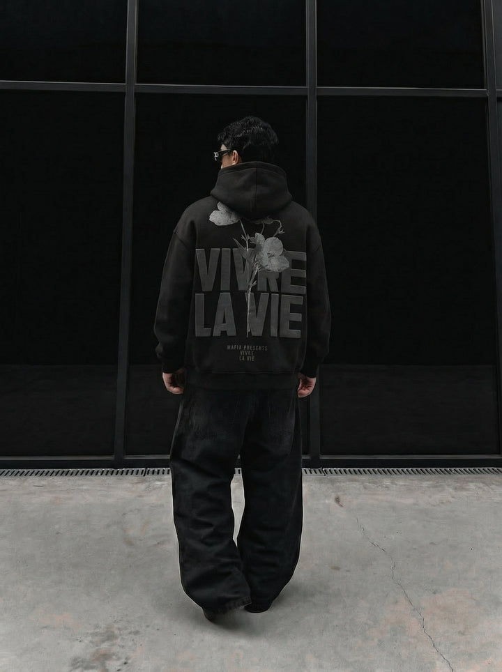 Oversize Vivre La Vie Hoodie - Czarny i Szary