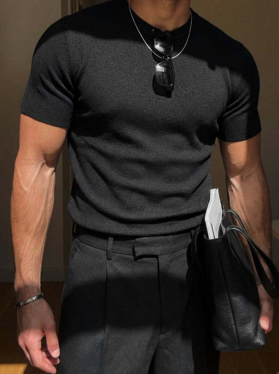 Oversize T-shirt dzianinowy - Czarny