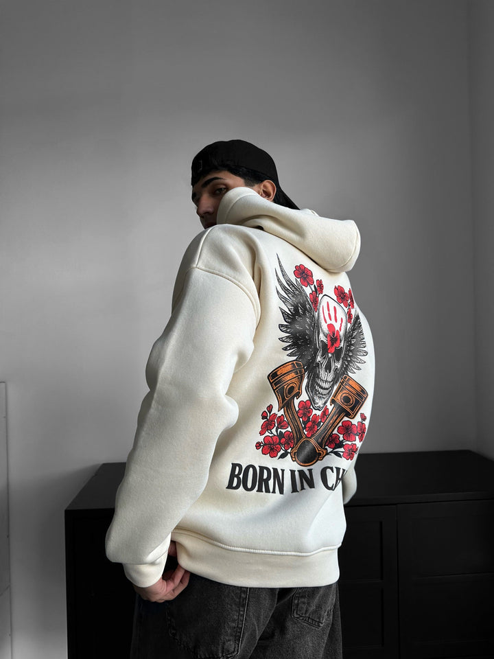 Hoodie Oversize Skeleton Born in Chaos - Antyk Biały