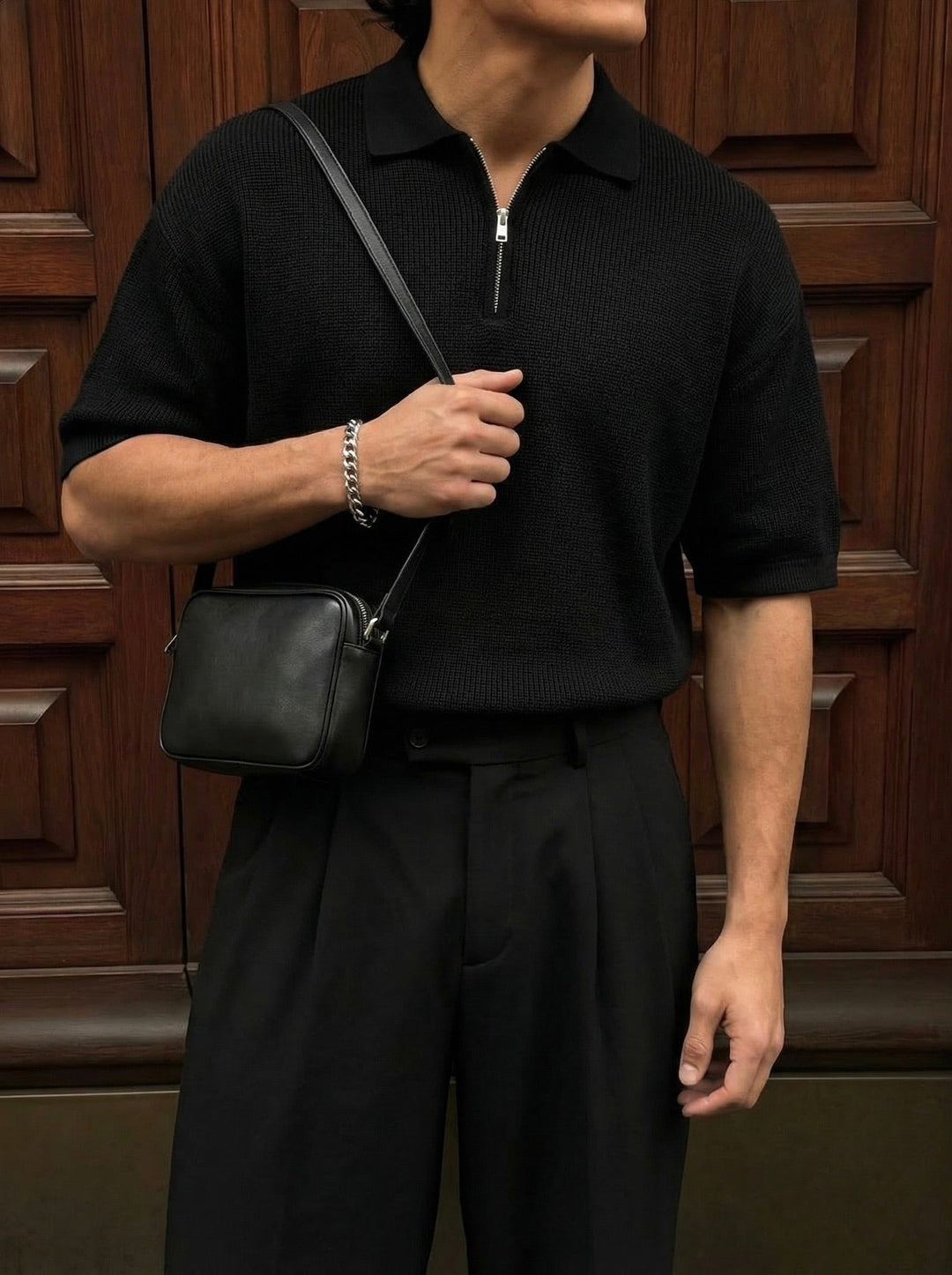 Oversize Zipper Knit Polo T-shirt - Czarny