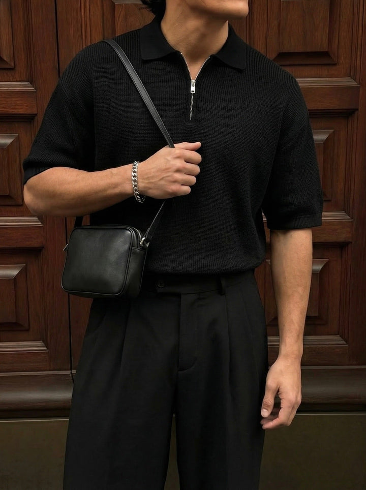 Oversize Zipper Knit Polo T-shirt - Czarny
