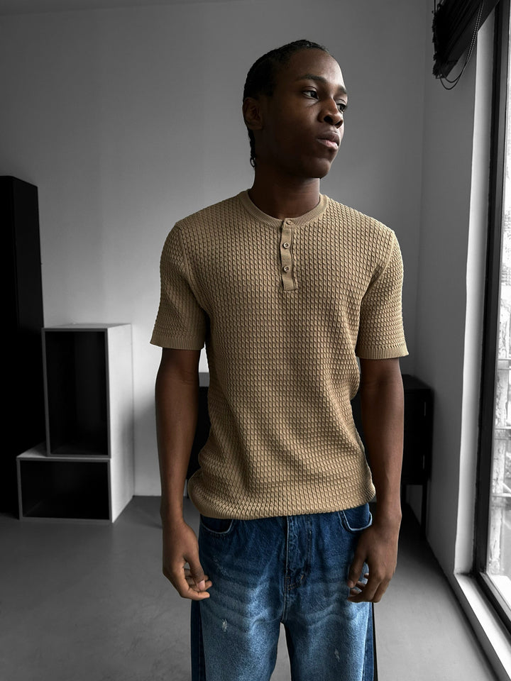 Regular Fit Waffle Button T-shirt - Kamel