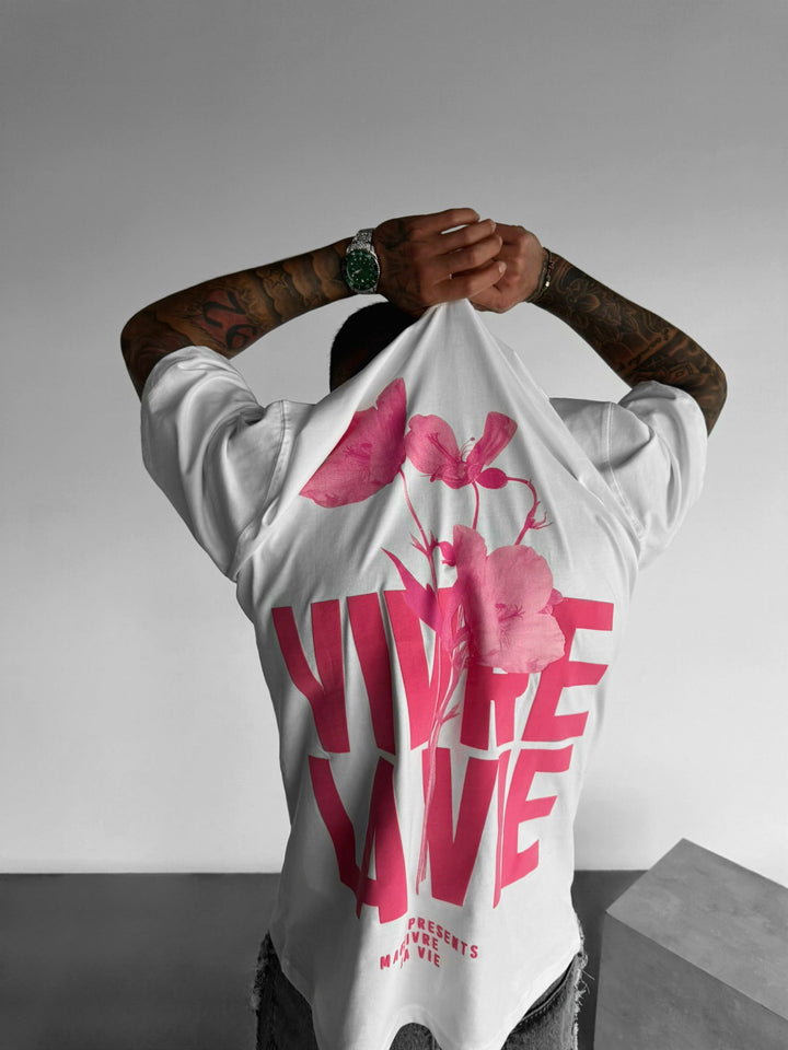 Oversize T-shirt Vivre la Vie - Ecru i Pudrowy