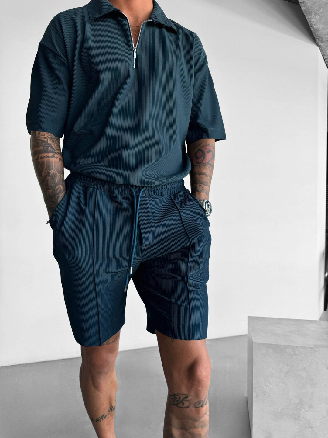 Oversize Teksturowana Koszulka Polo z Zamkiem - Petrol