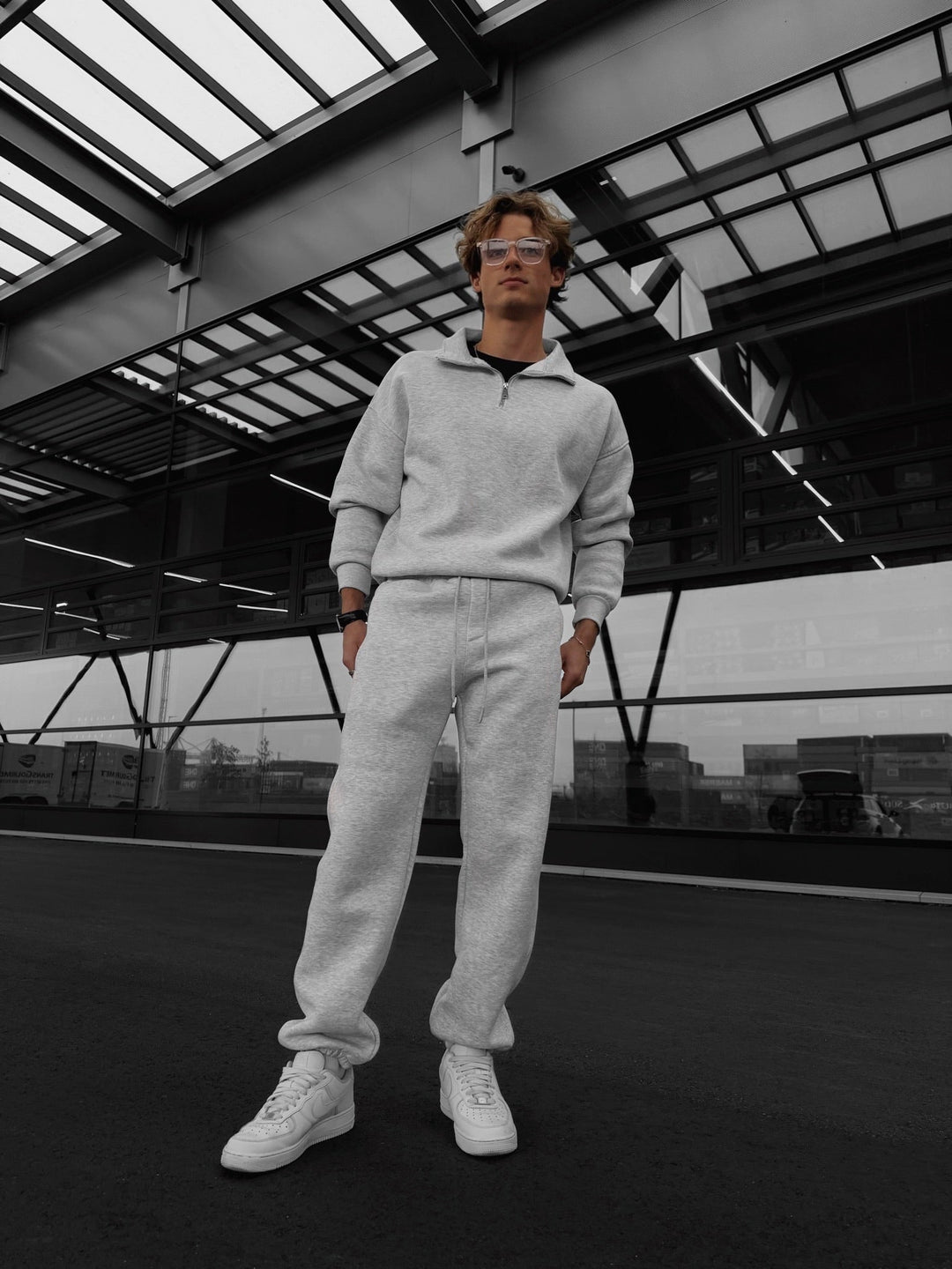 Oversize Polo Bluza z Pół-Zipem - Jasnoszary Melanż