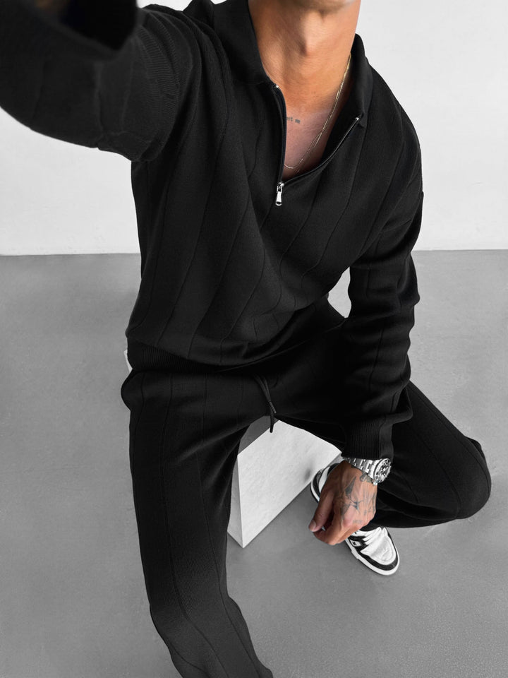 Oversize Lines Knit Zipper Polo Sweatshirt - Czarny