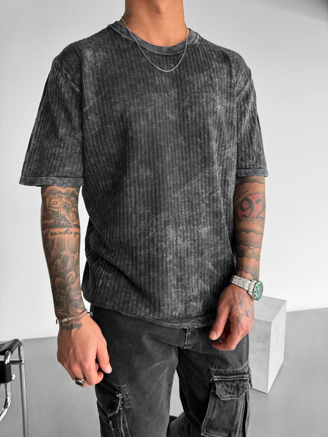 Oversize Knit Washed T-shirt - Czarny