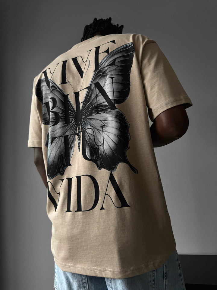 Oversize "Vive Bien Tu Vida" T-shirt - Beżowy