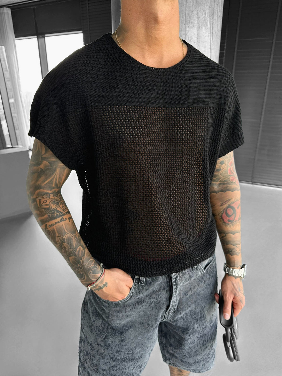 Oversize Teksturowana Koszulka T-shirt - Czarna