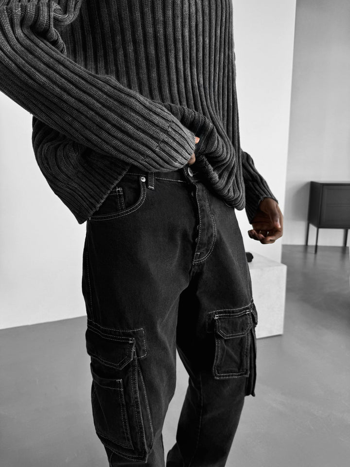 Oversize Ribbed Washed Sweater - Czarny