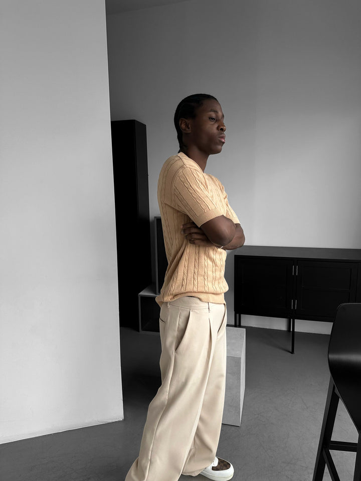 Luźna koszulka z plecionym splotem - Camel
