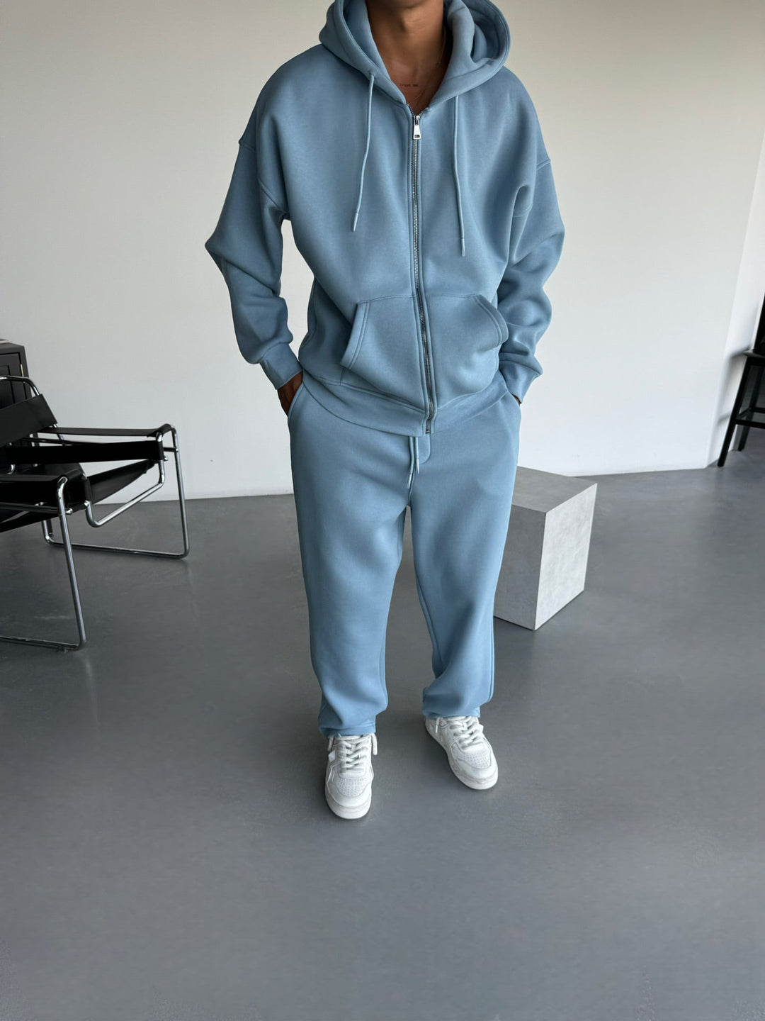 Oversize Basic Zipper Hoodie - Wyblakły Dżins