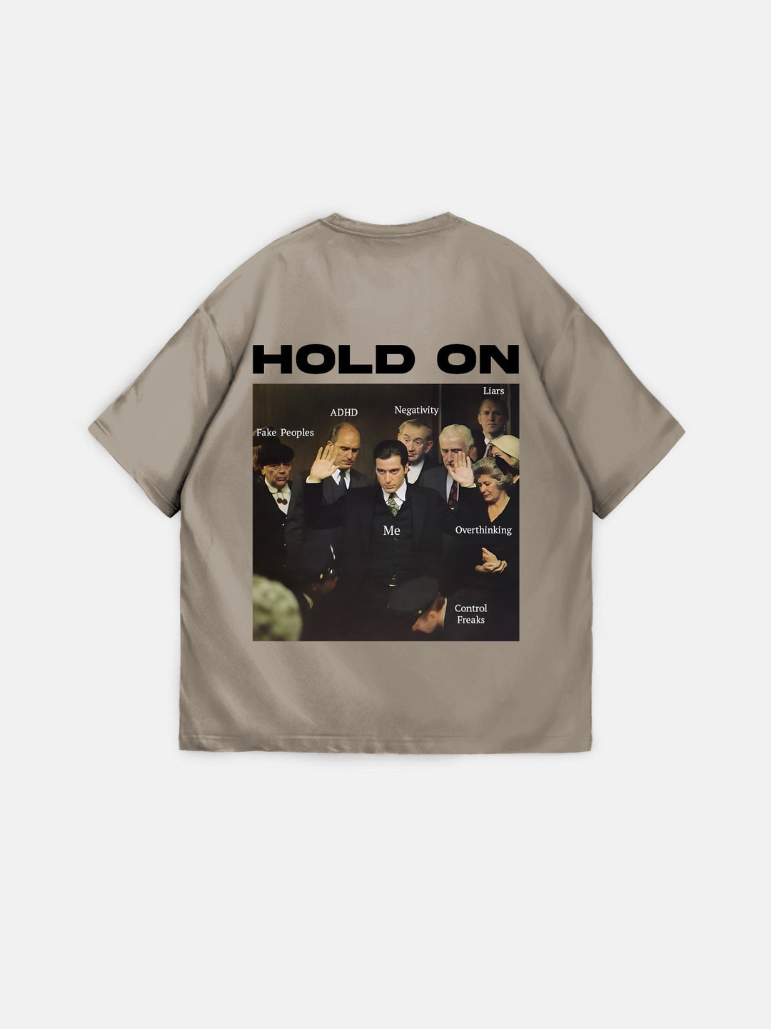 Oversize "Hold On" T-Shirt - Beżowy