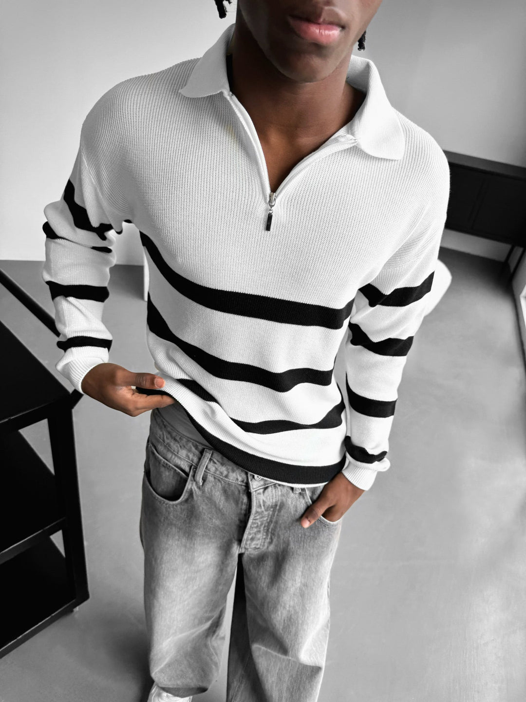 Oversize Sweter Polo z Dzianiny - Ecru