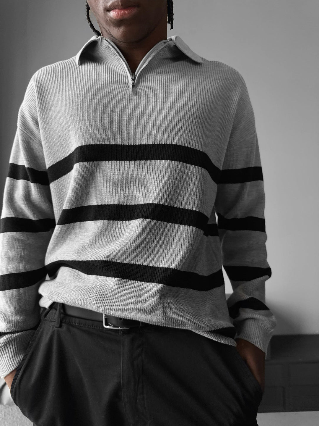 Oversize Sweter Polo z Dzianiny - Szary