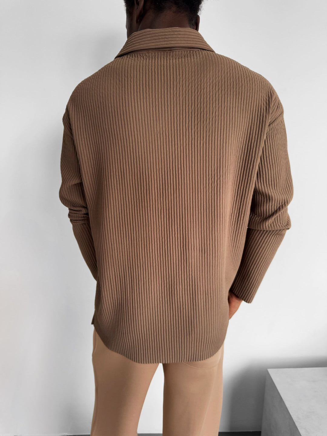 Oversize Ribbed Long Arm Polo T-shirt - Brązowy
